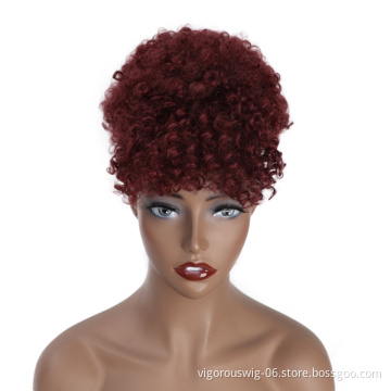 Vigorous Wholesale Cheap Kinky Curly Bang Ponytail Upo Hair Extensions Burgundy Chignon For Black Women Synthetic Afro Hair Bun